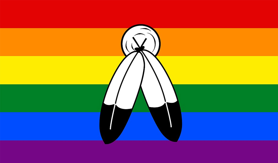 A graphic of two feathers in front of a rainbow flag