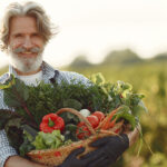 A photo of an older man holds fresh veggies while in a field
