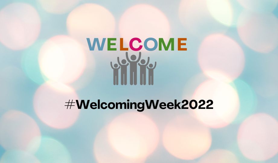 The Welcoming Week logo in front of an abstract background