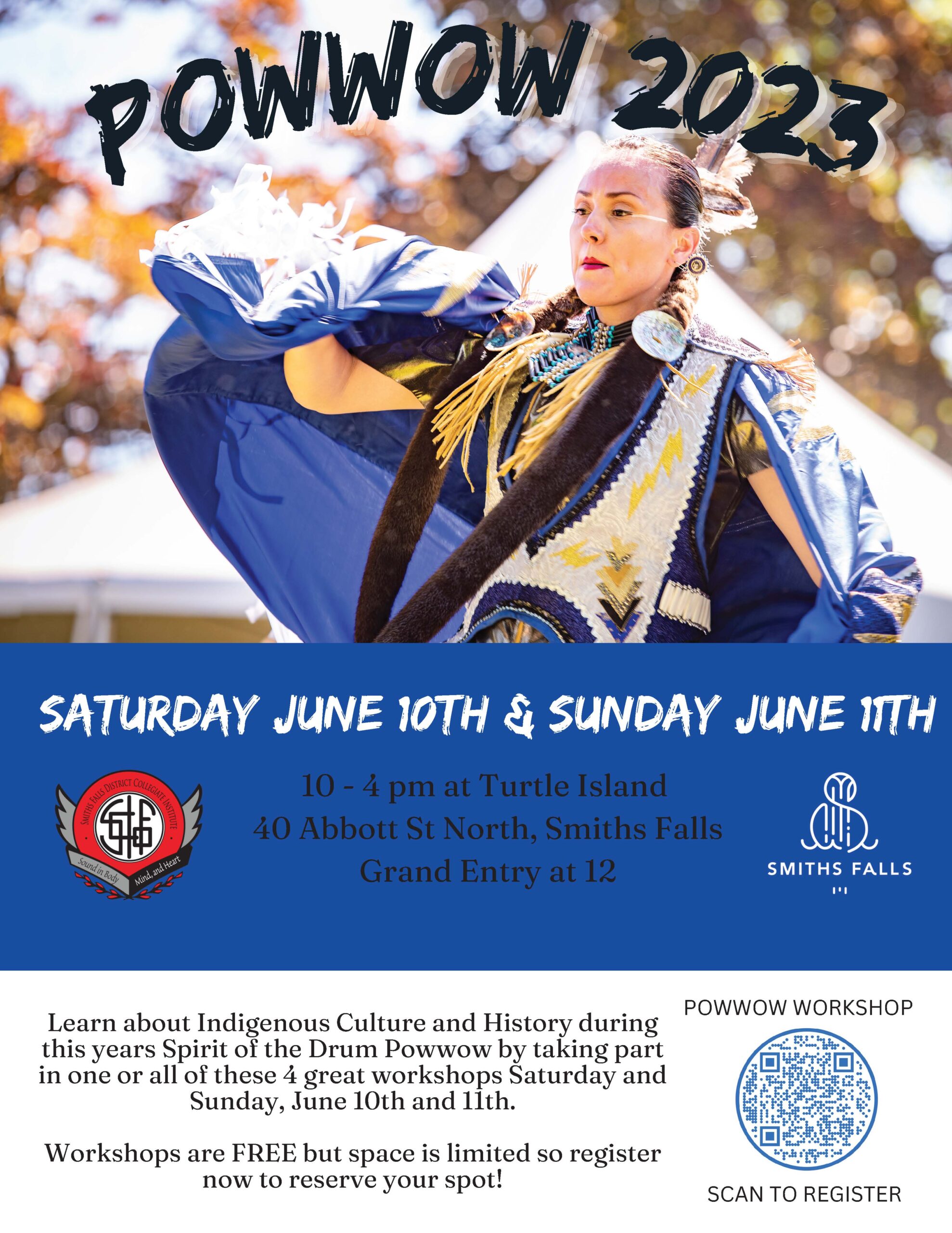 A poster for the Spirit of the Drum Powwow showing an Indigenous Woman dancing in full regalia