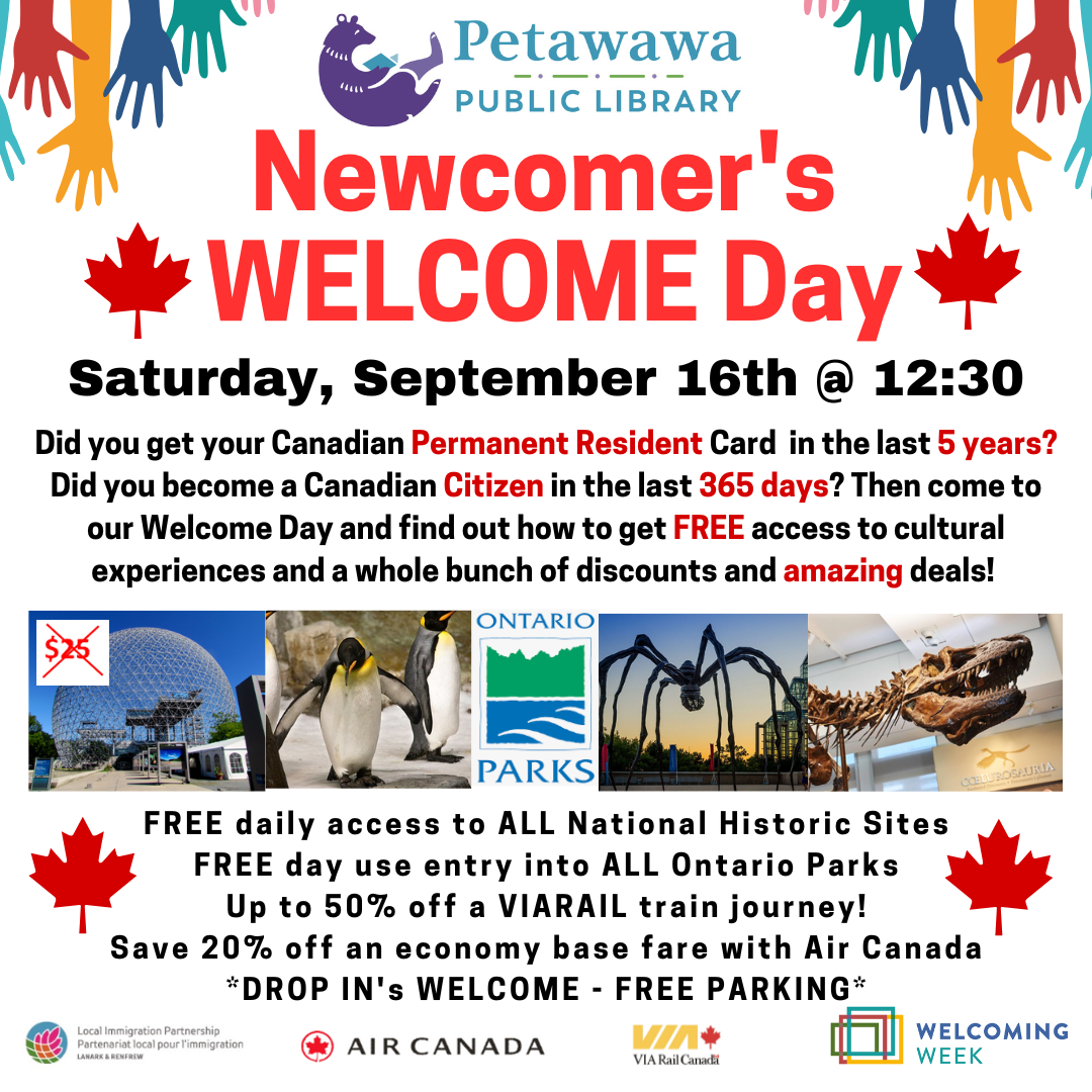 A poster for Newcomer's Welcome Day hosted by the Petawawa Public Library